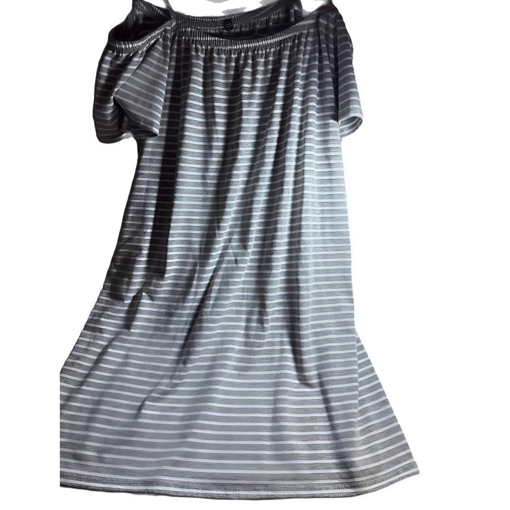 Womens 8 Gray White Striped Off Shoulder Mini‎ Dress Short Sleeve Casual Summer